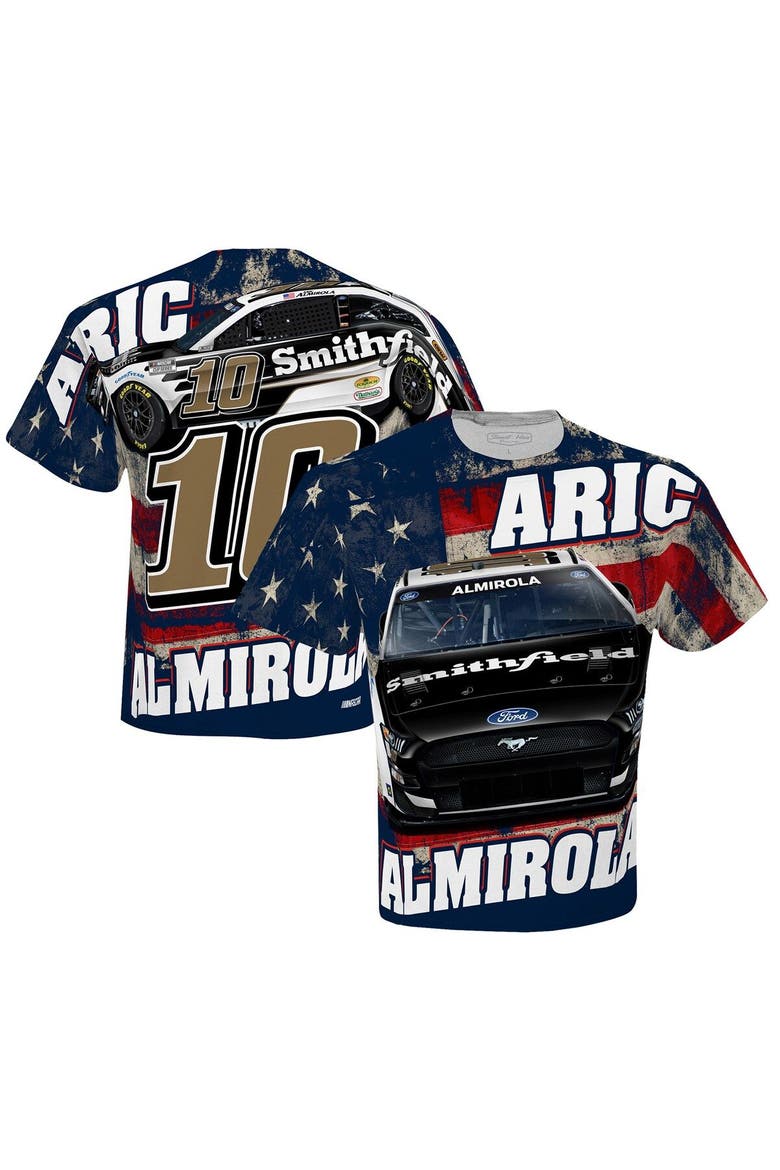 Men's Stewart-Haas Racing Team Collection White Aric Almirola Smithfield Sublimated Patriotic Total Print T-Shirt, Main, color, White