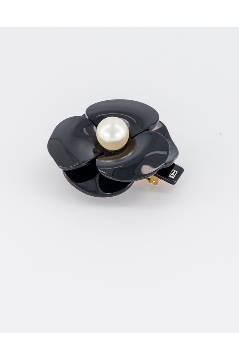 Camelia Mythique Acetate and Pearl Hair Barrette, Alternate, color, Black