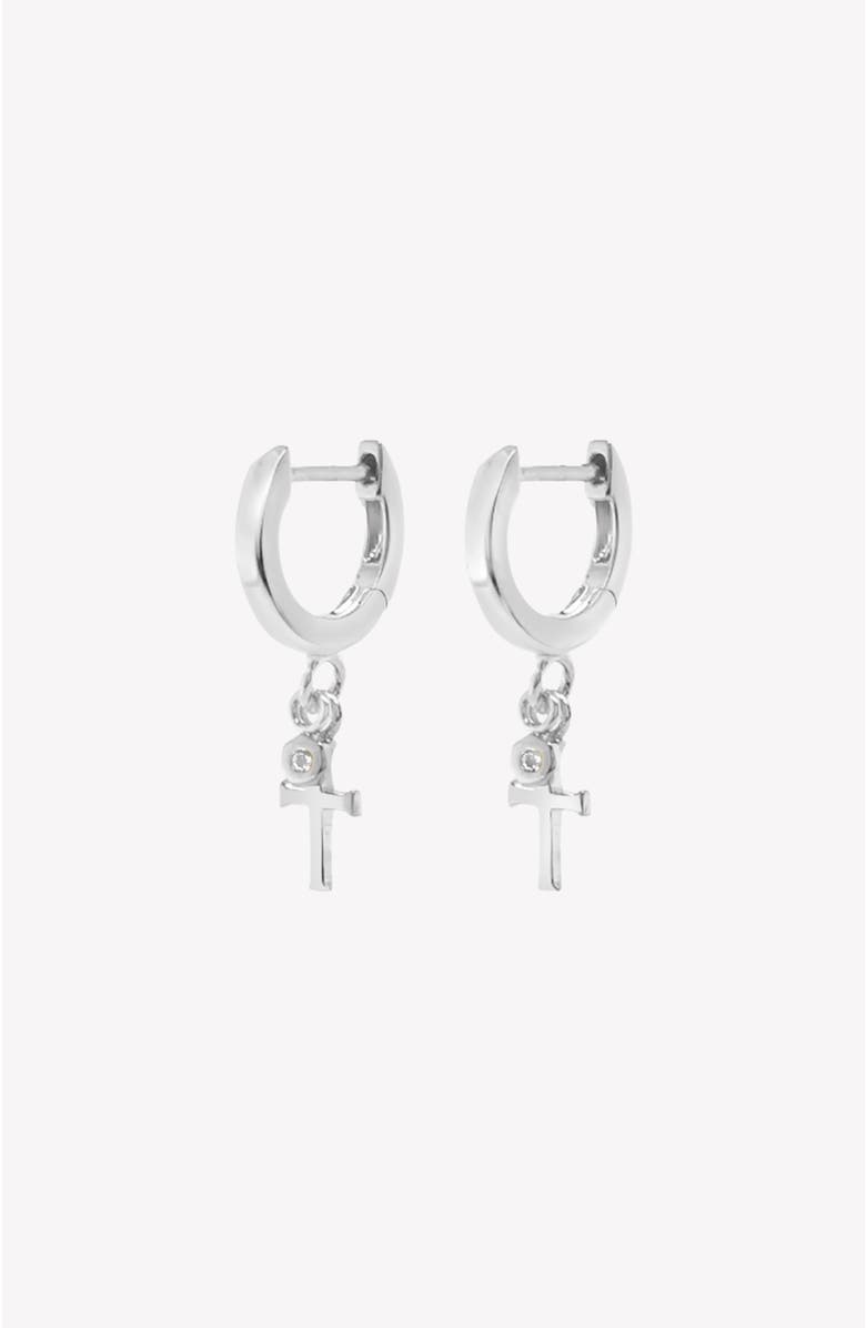 Rizen Jewelry Calvary Cross Huggie Hoop Earrings, Main, color, Sterling Silver