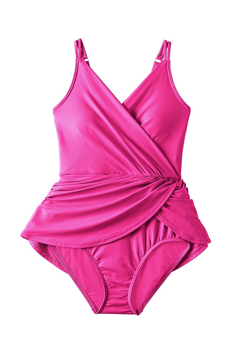 Lands' End D-Cup Chlorine Resistant Tulip Wrap Swim Dress One Piece Swimsuit, Alternate, color, 