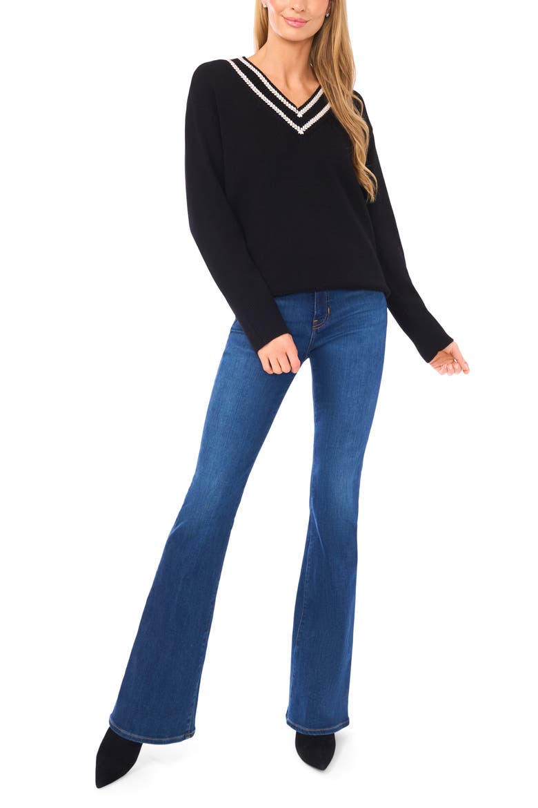 Contrast V-Neck Sweater, Alternate, color, RICH BLACK