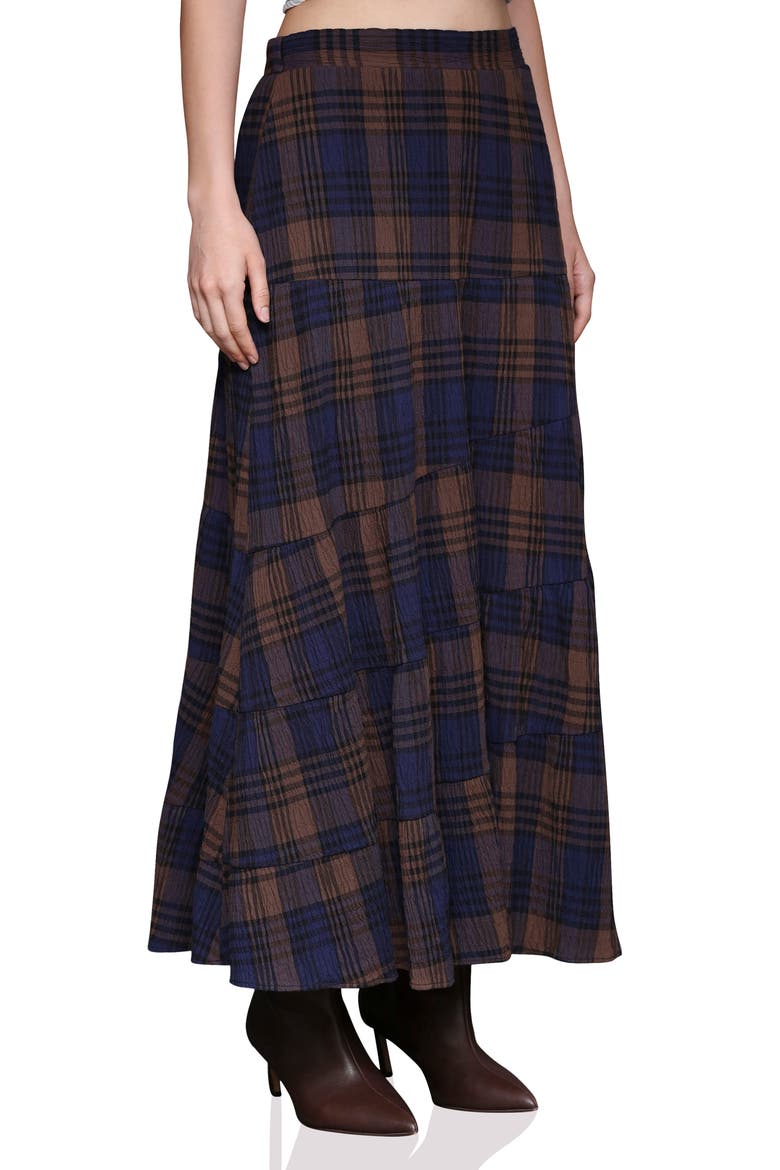 Plaid Cotton Tiered Maxi Skirt, Alternate, color, BROWN MULTI