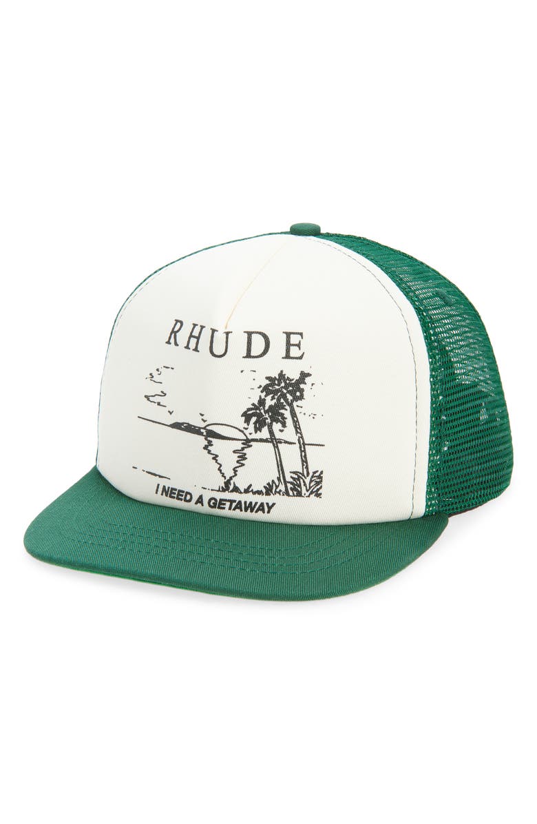 Rhude I Need a Getaway Snapback Trucker Hat, Main, color, Green/ White