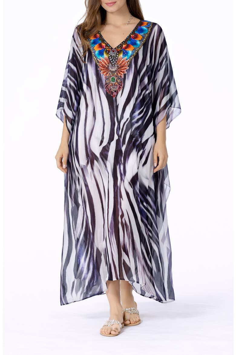 Print V-Neck Maxi Caftan, Main, color, BLACK