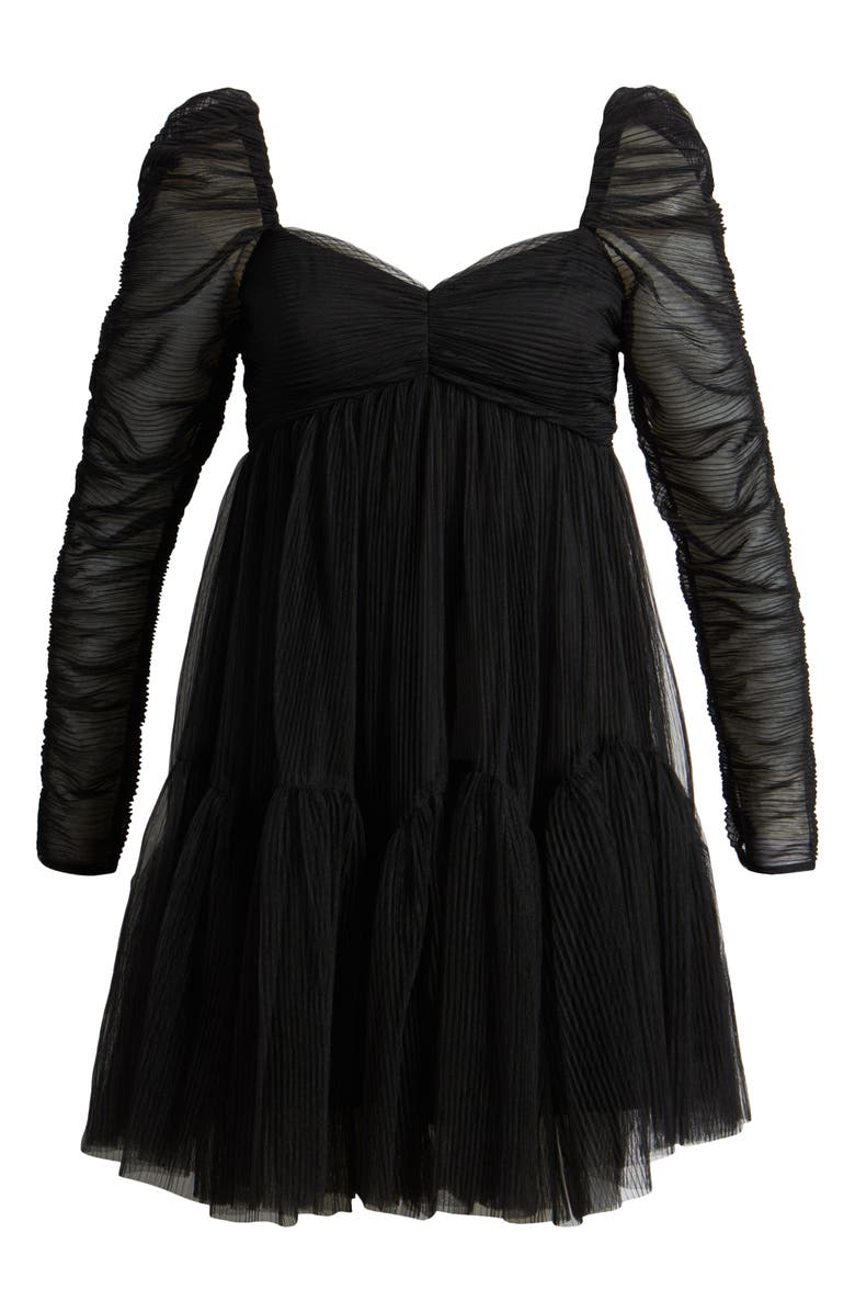 MOON RIVER Plissé Long Sleeve Tulle Minidress, Alternate, color, Black
