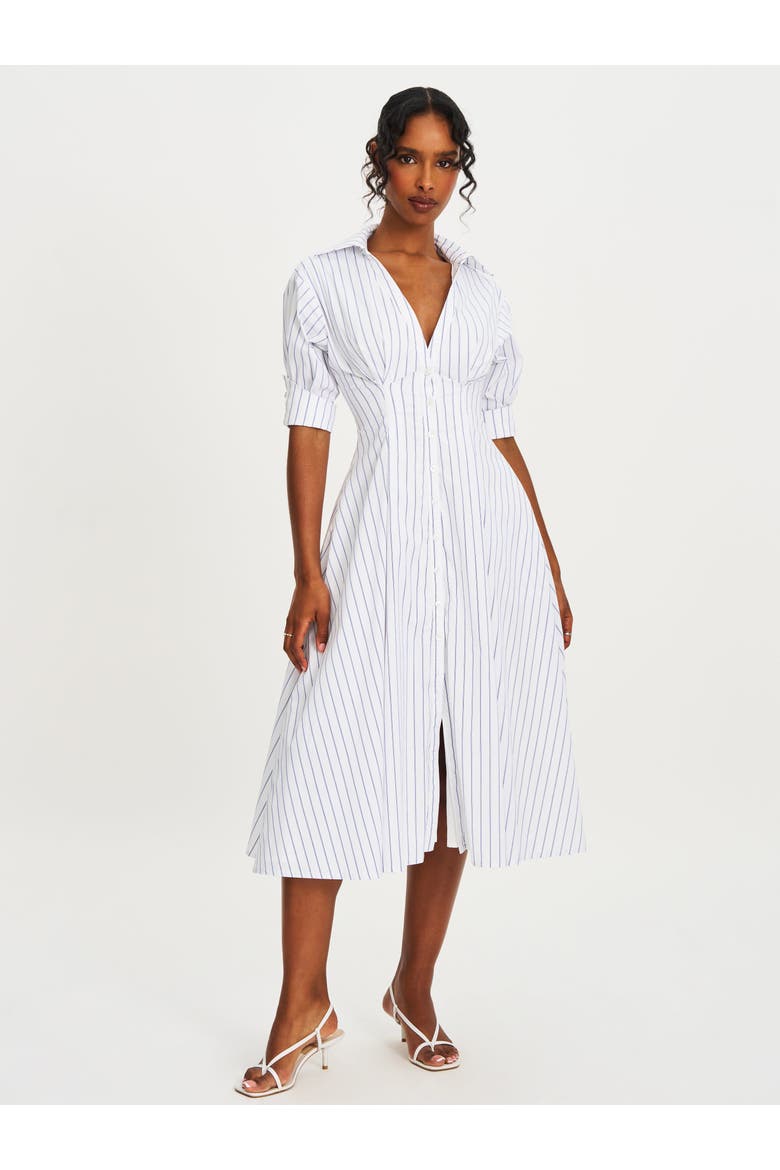 Palina Pinstripes Cotton Poplin Pleated Midi Preppy Shirt Dress, Alternate, color, White