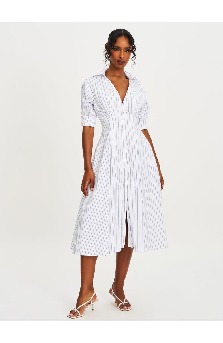 Miss Circle Palina Pinstripes Cotton Poplin Pleated Midi Preppy Shirt Dress, Alternate, color, White