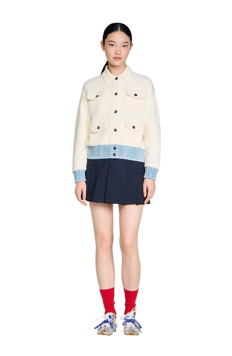 SANDRO Cardigan with denim details, Alternate, color, Ecru