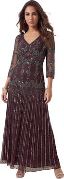 Roaman's Plus Size Beaded V Neck 3/4 Sleeve Sleeve Maxi Gown