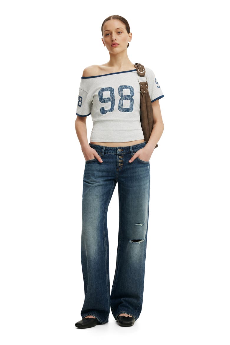 Women's The Fitted Off Shoulder Graphic Tee, Alternate, color, 98  Soft Grey Marle