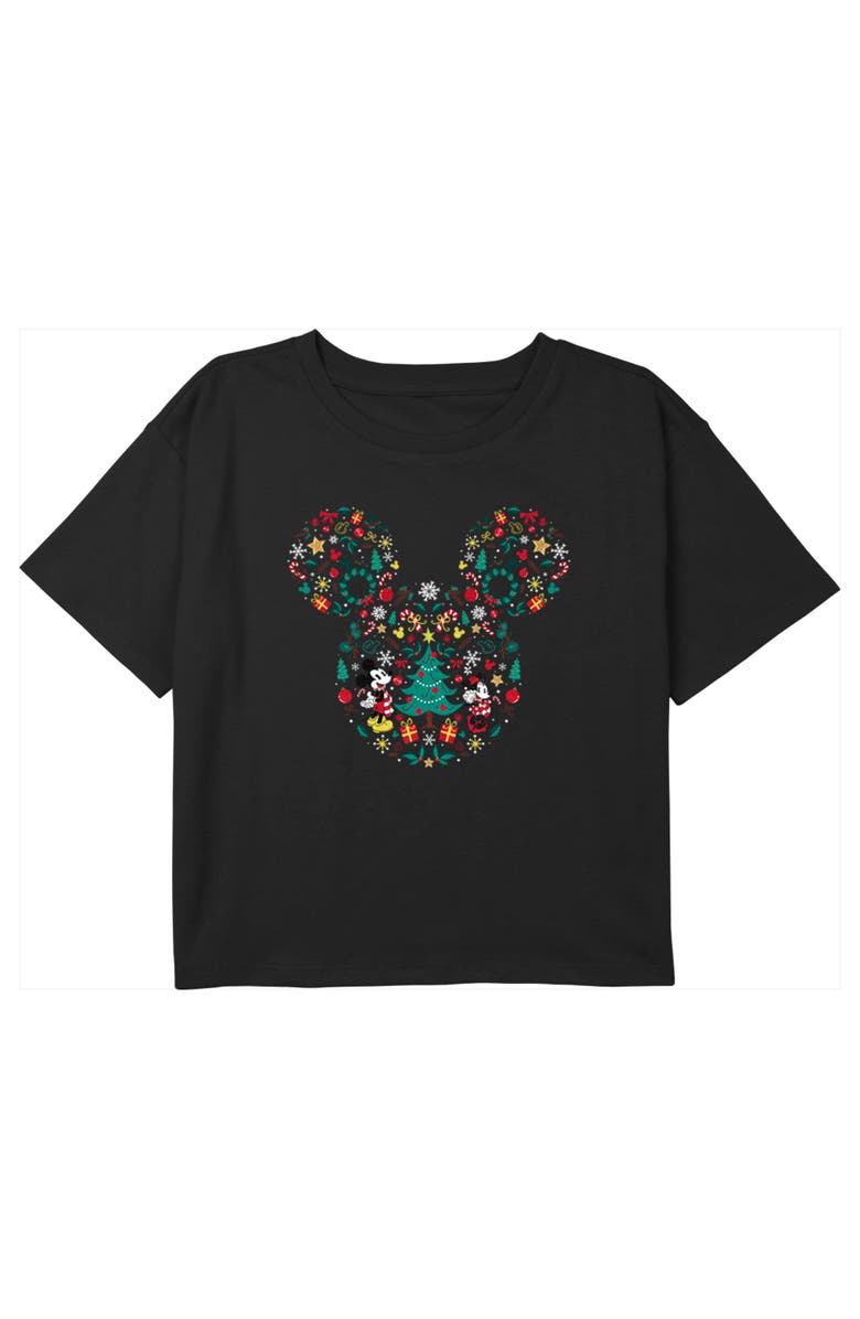 Mickey & Friends Girl's Mickey & Friends Christmas Mickey and Minnie Collage Graphic T-Shirt, Main, color, Black