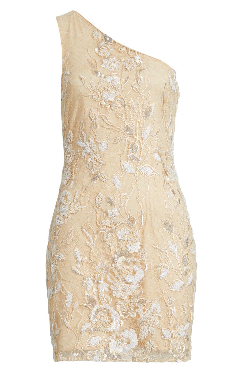 Sonya Moda Maysa Lace Beaded One-Shoulder Minidress, Alternate, color, Tawny