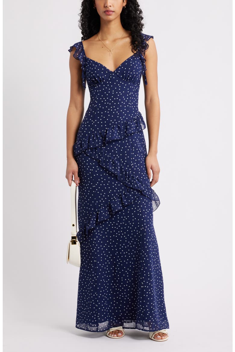 Asymmetric Ruffle Tiered Maxi Dress, Main, color, NAVY- WHITE MYLA DOT