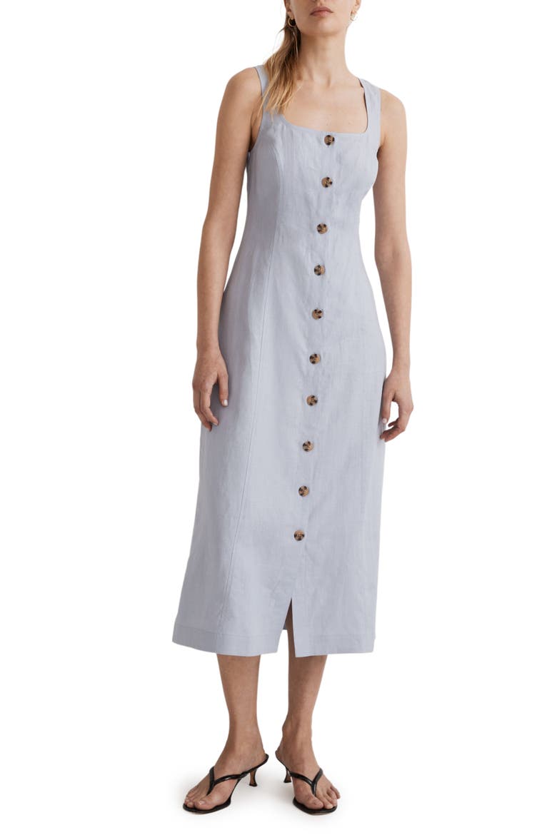 Button Front Linen Midi Dress, Main, color, DISTANT PERI