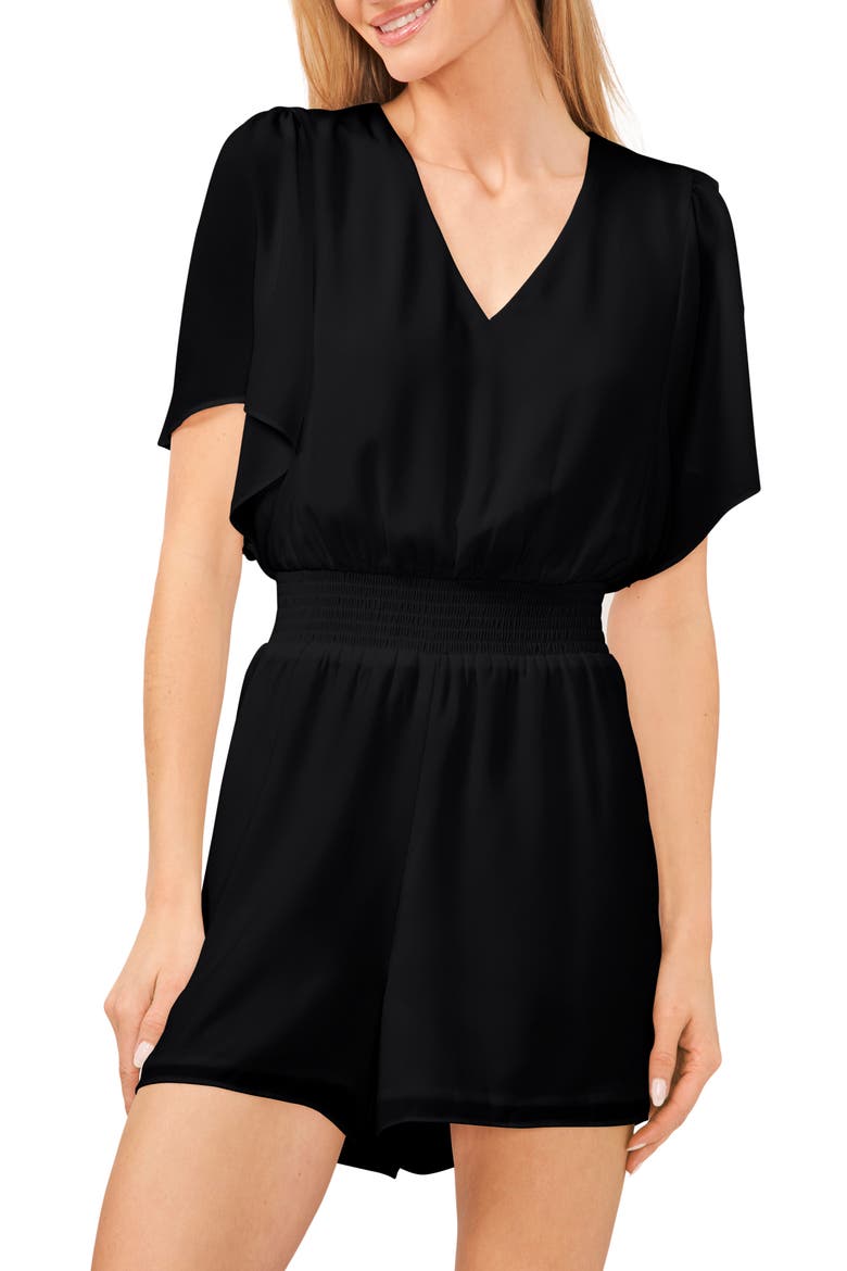 Flutter Sleeve Smock Waist Romper, Alternate, color, RICH BLACK