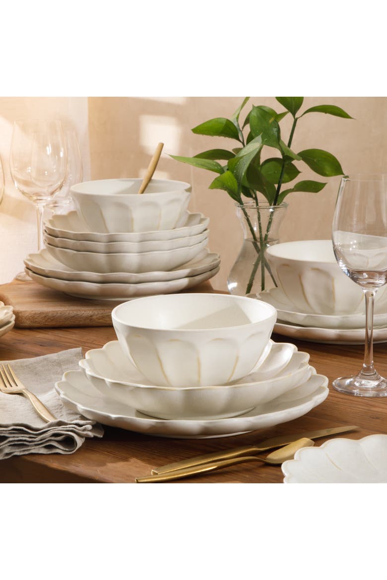 Yuelu Bloom 16 Piece Plates and Bowls Scallop Embossed Dinnerware Set, Alternate, color, Jasmine White