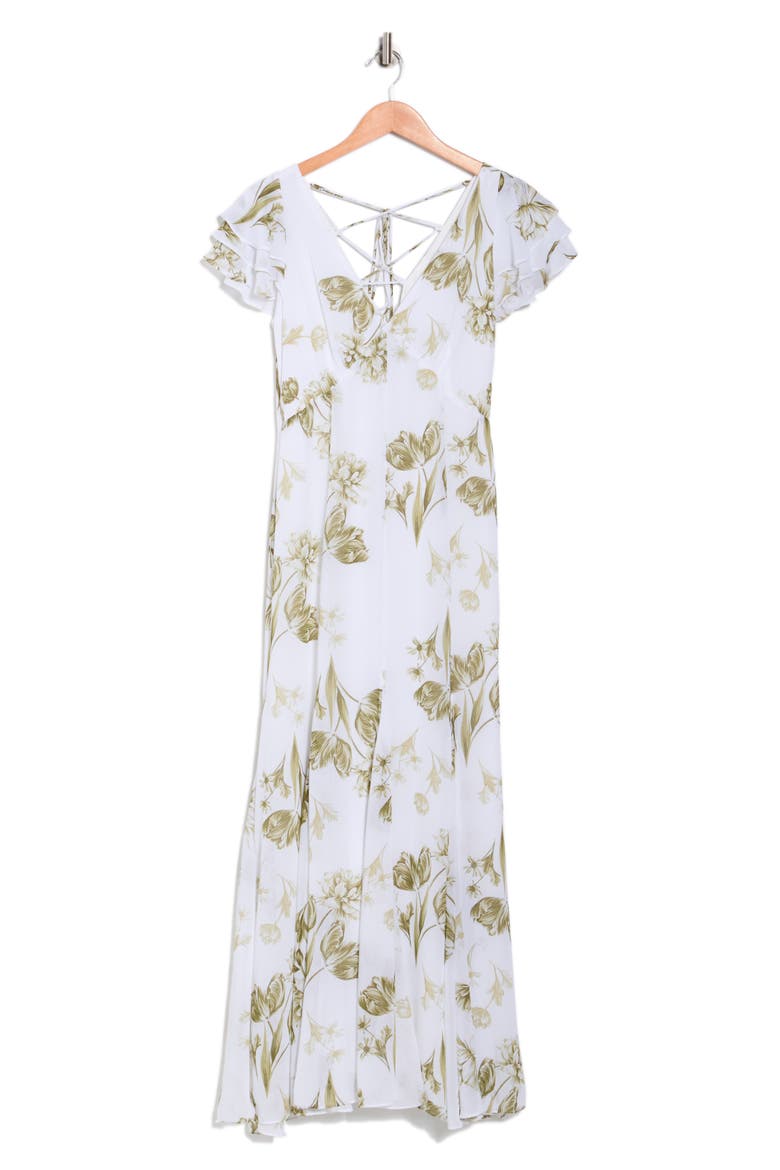 Flutter Sleeve Godet Dress, Alternate, color, GRASSHOPPER GREEN