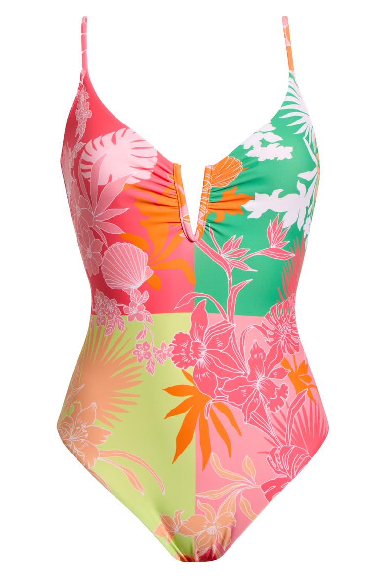 V-Wire One-Piece Swimsuit, Alternate, color, GREEN/ PINK MULTI