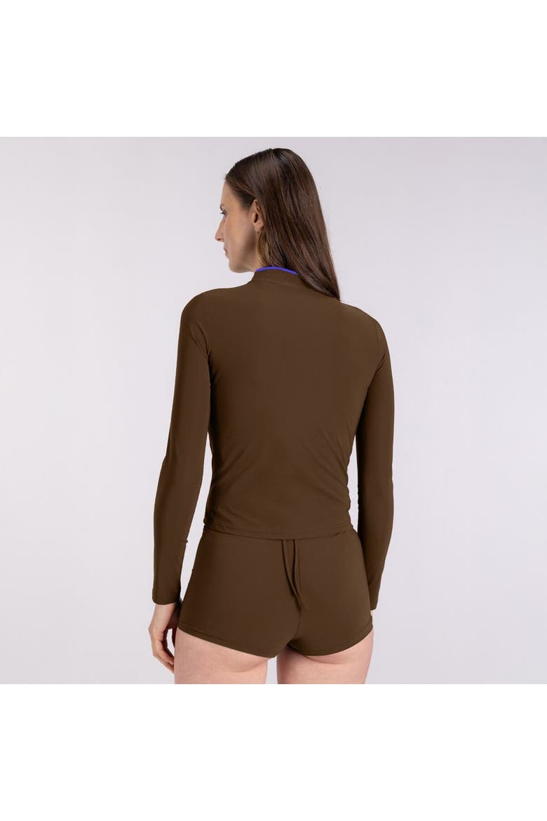 Rash Guard With Zip - Women's, Alternate, color, Coffee/Blue Binding