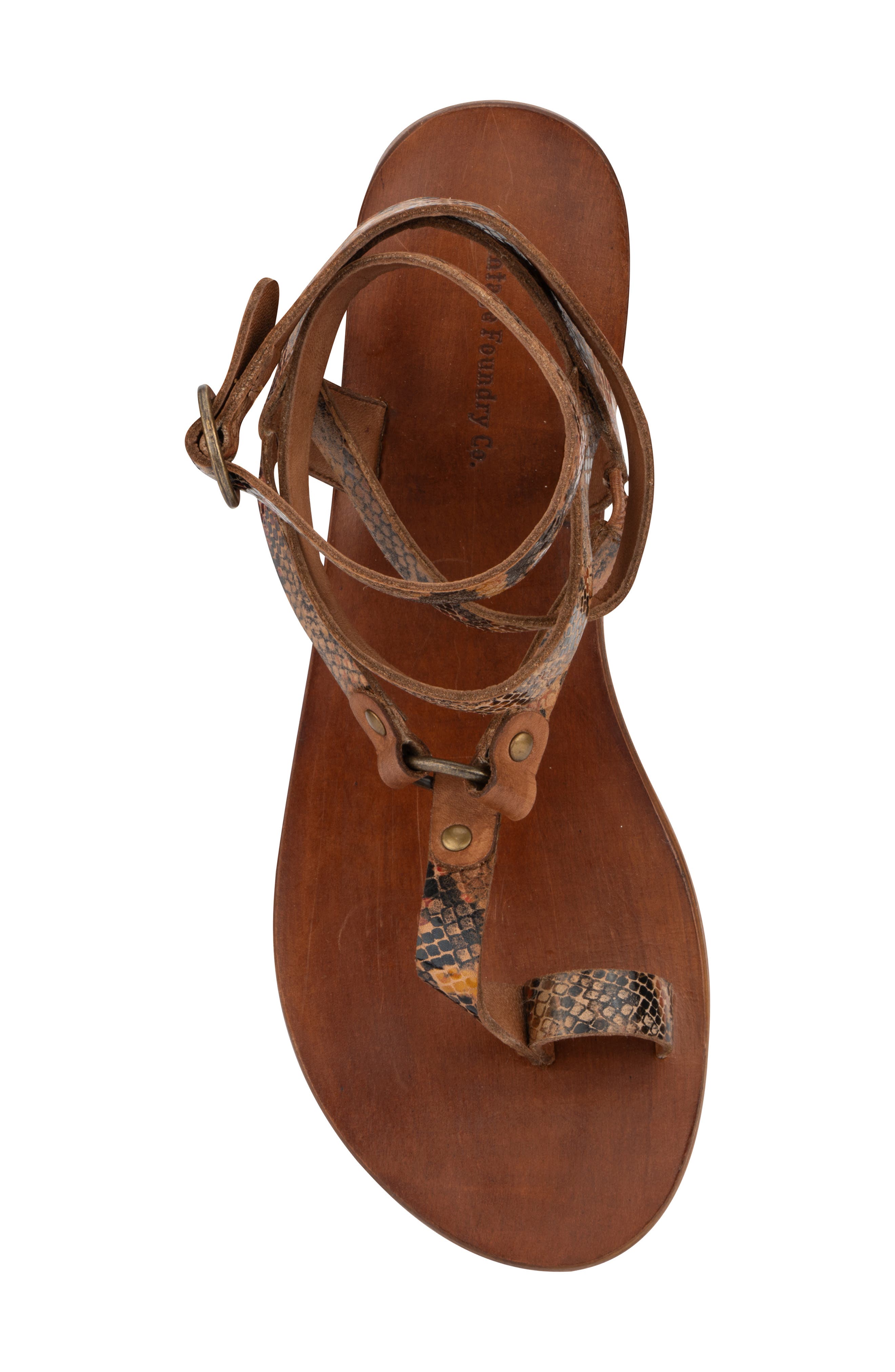 VINTAGE FOUNDRY Vina Snake Embossed Leather Ankle Strap Flat Sandal, Alternate, color, Tan