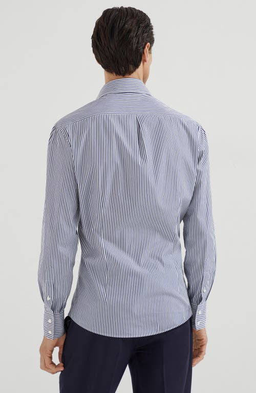 Brunello Cucinelli Striped Cotton Shirt With Button-down Collar In Blue