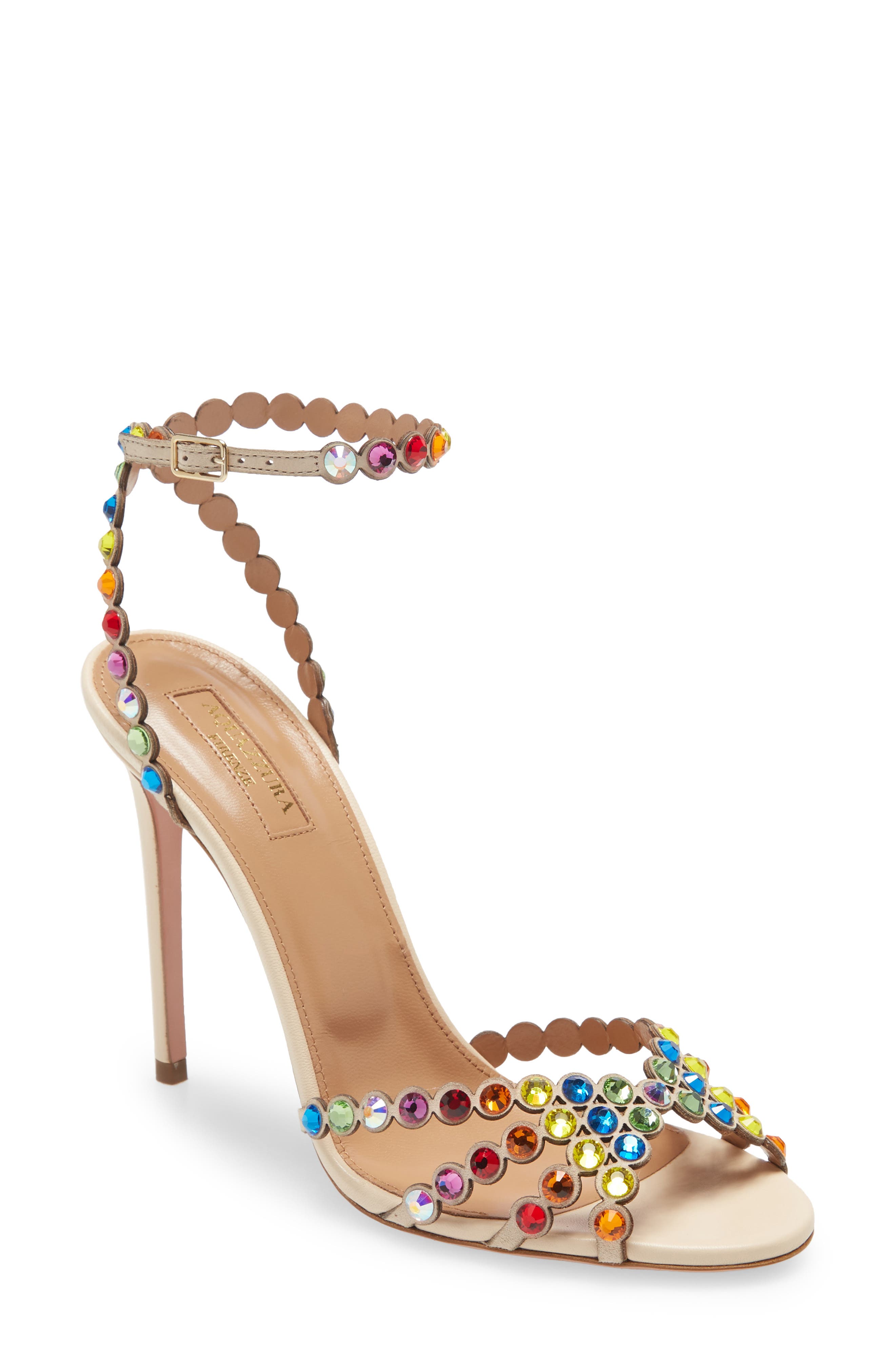 Aquazzura Tequila Rainbow Crystal Ankle Strap Sandal, Main, color, 