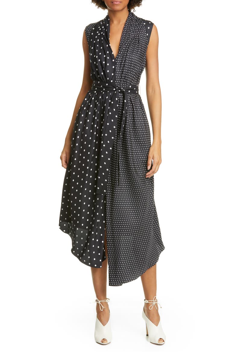 Asymmetrical Polka Dot Silk Midi Dress, Main, color, POLKA DOT BLACK/ WHIT