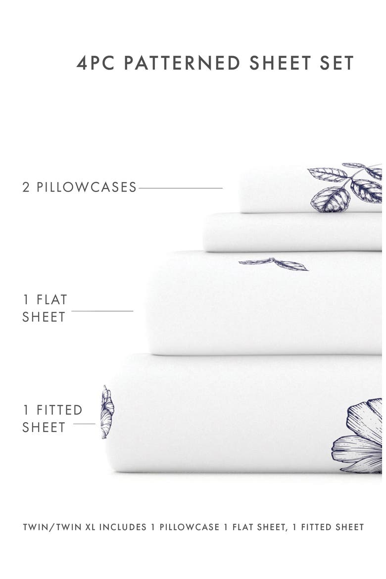 HOME SPUN Premium Ultra Soft Indigo Flowers Pattern 4-Piece Bed Sheet Set, Alternate, color, NAVY