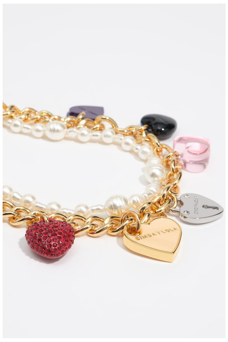 Double Chain Pearl Hearts Logo Necklace, Alternate, color, GOLD