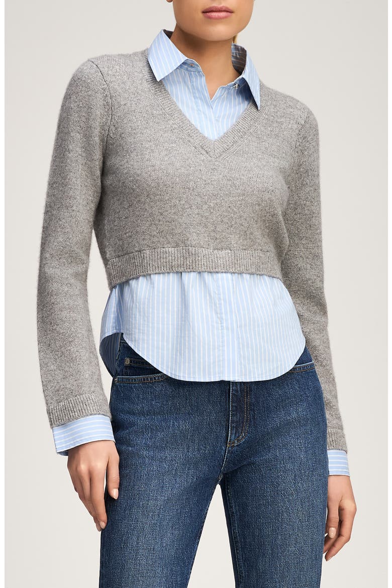 Renna Prelayered Cashmere Sweater & Stripe Button-Up Shirt, Main, color, HEATHER GREY