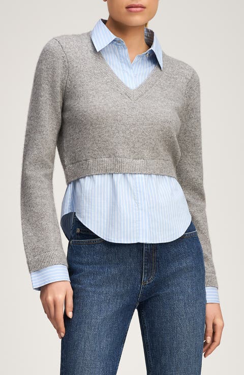 Renna Prelayered Cashmere Sweater & Stripe Button-Up Shirt