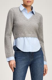 Cinq à Sept Renna Prelayered Cashmere Sweater & Stripe Button-Up Shirt