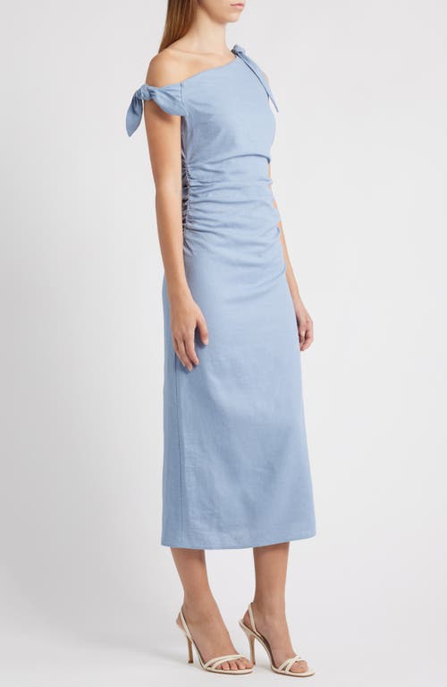 Wayf Clio Tie Shoulder Linen Blend Midi Dress In Blue