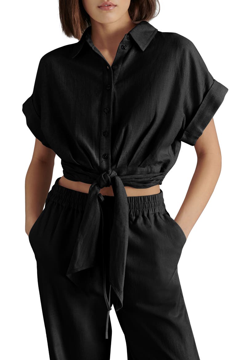 Tori Tie Front Linen Blend Button-Up Shirt, Main, color, BLACK