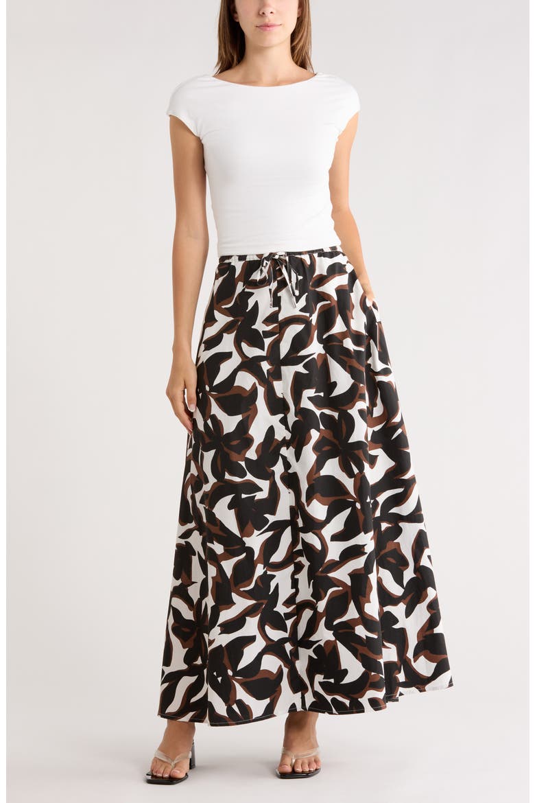 Drawstring Waist Cotton Poplin Maxi Skirt, Main, color, IVORY- BLACK ABSTRACT PALM