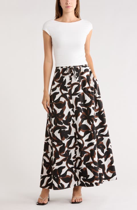Drawstring Waist Cotton Poplin Maxi Skirt