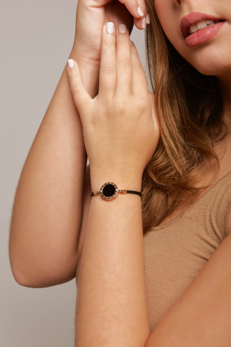 Rose Gold Plated Leather Strap With Black Enamel Luxury Safety Bracelet, Alternate, color, Rose Gold