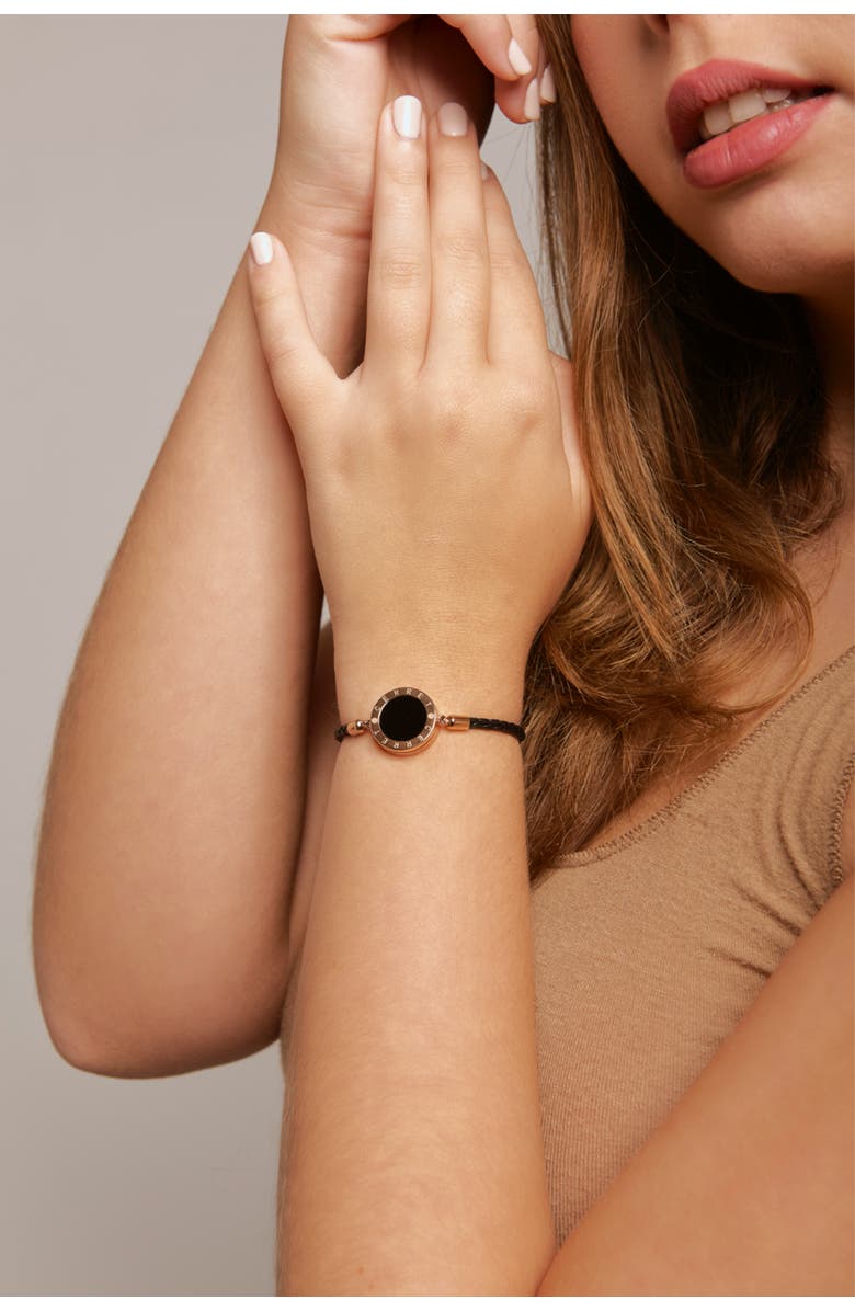 CERRET Rose Gold Plated Leather Strap With Black Enamel Luxury Safety Bracelet, Alternate, color, Rose Gold