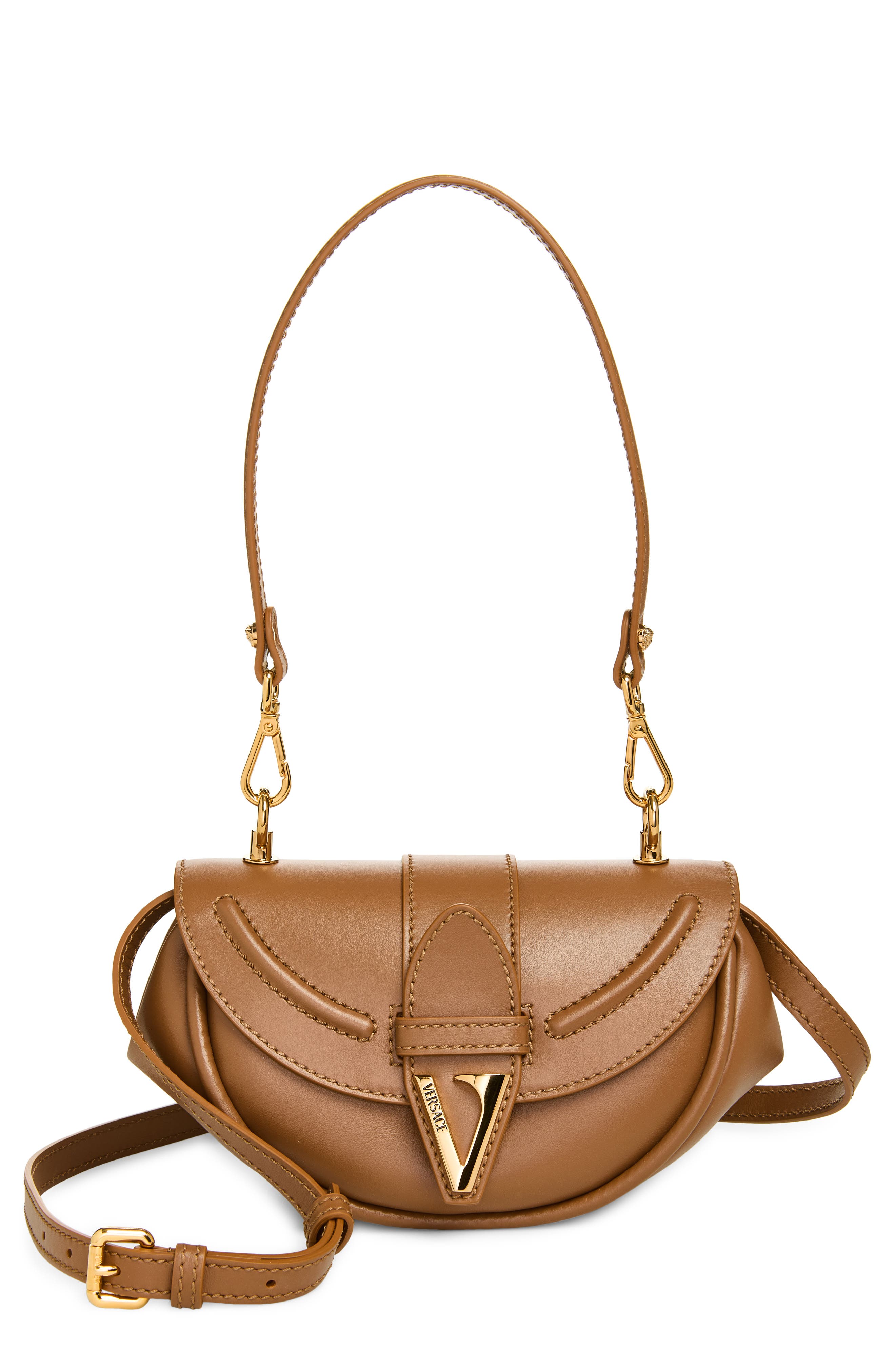 Versace Small Virtus Leather Shoulder Bag, Main, color, Brown-Gold Versace
