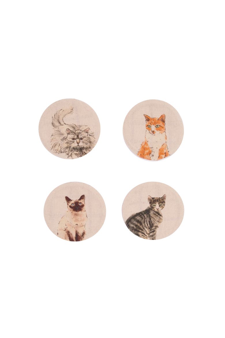 Vintage Cats Pet Cotton Set of 4 Drink Coasters 4", Main, color, Brown