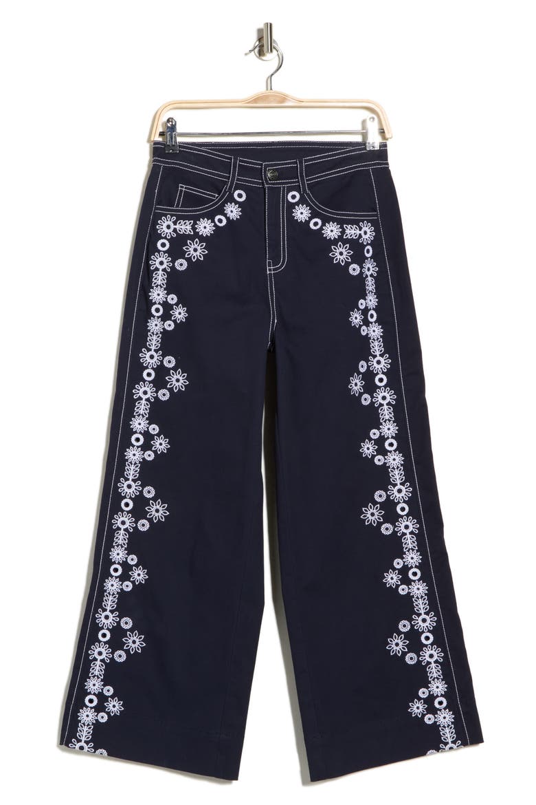 Mazie Eyelet Detail Stretch Cotton Pants, Alternate, color, NAVY/ WHITE