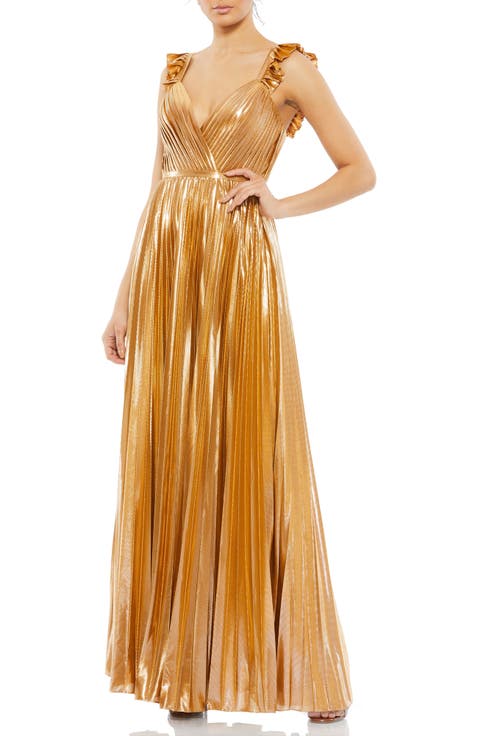 Faux Wrap Pleated Ruffled Sleeveless Gown