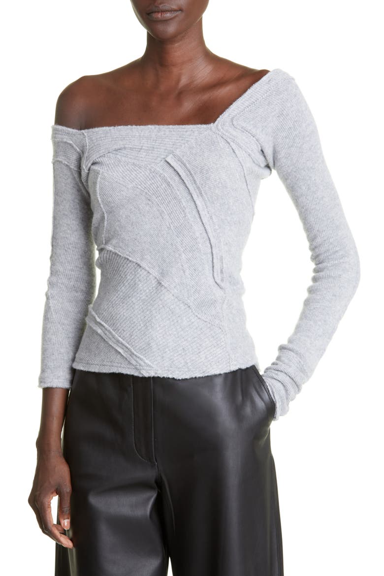 Patched Off the Shoulder Virgin Wool Sweater, Alternate, color, HEATHER GREY