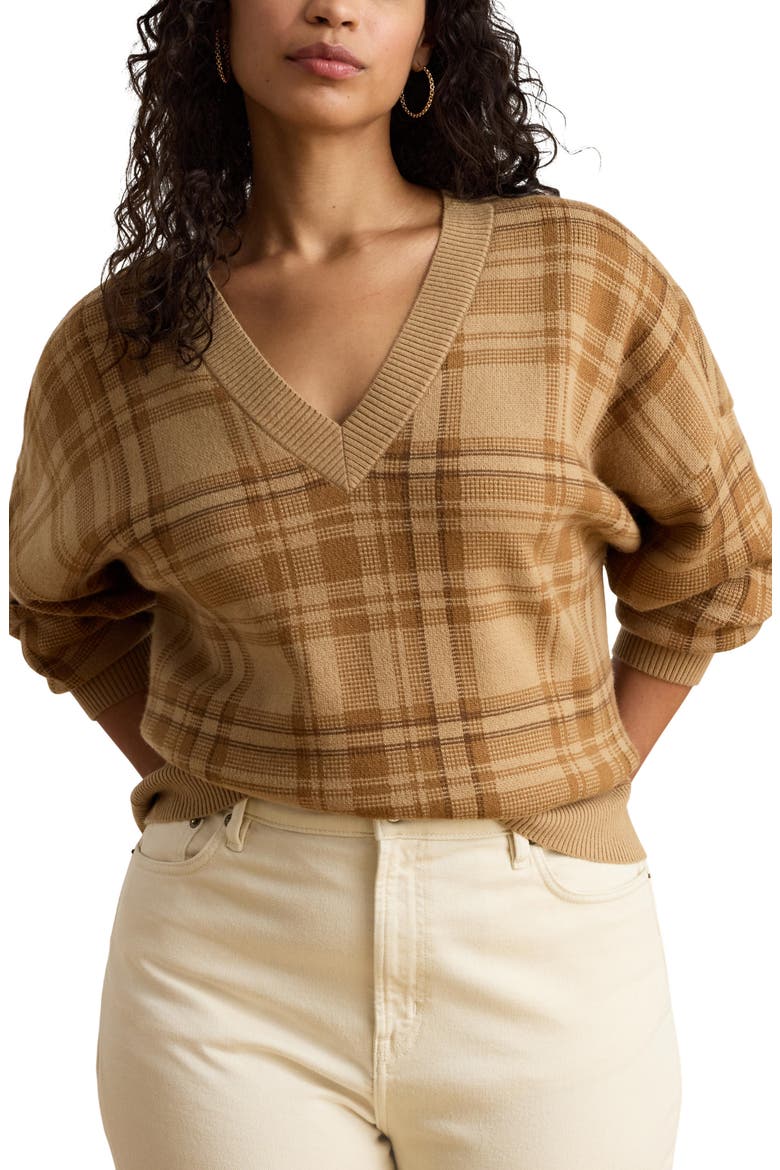 Plaid V-Neck Sweater, Alternate, color, CAMEL BEIGE