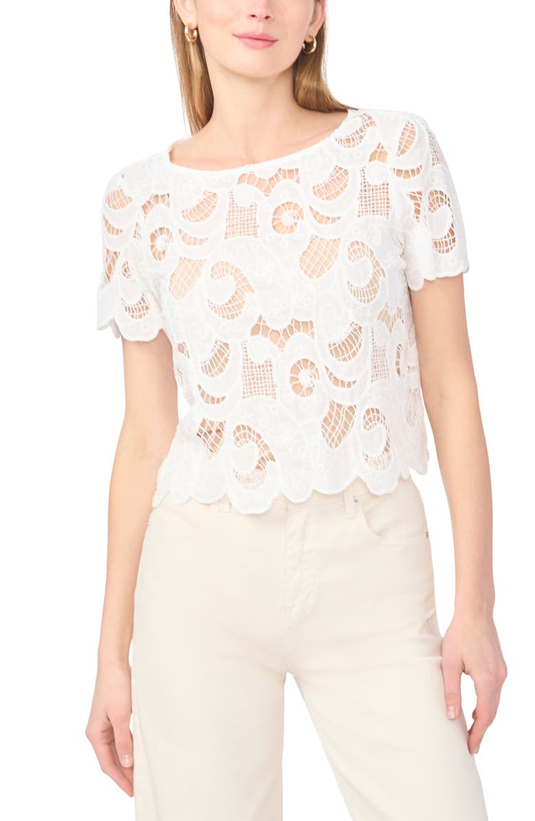 Vince Camuto Short Sleeve Lace Top, Main, color, Ultra White