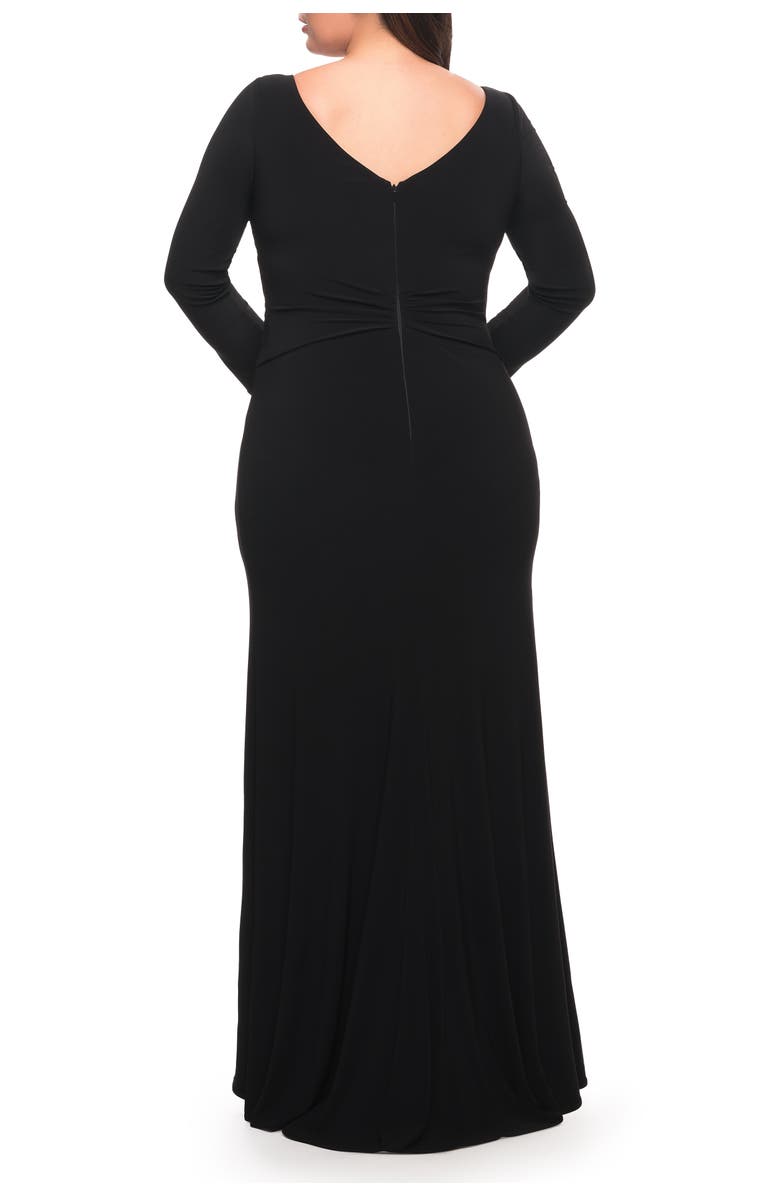 La Femme Long Sleeve Jersey Plus Dress with Slit, Alternate, color, Black