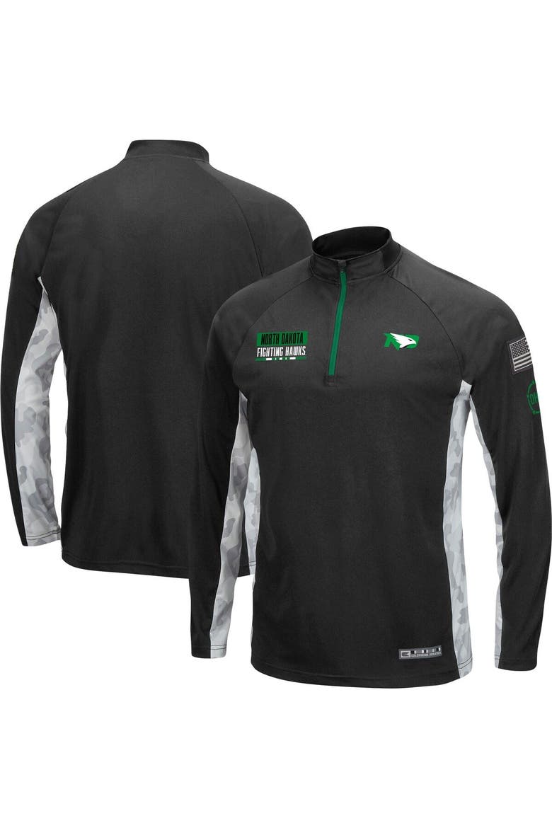 Men's Colosseum Black/Camo North Dakota OHT Military Appreciation Snow Cruise Raglan Quarter-Zip Top, Main, color, Black