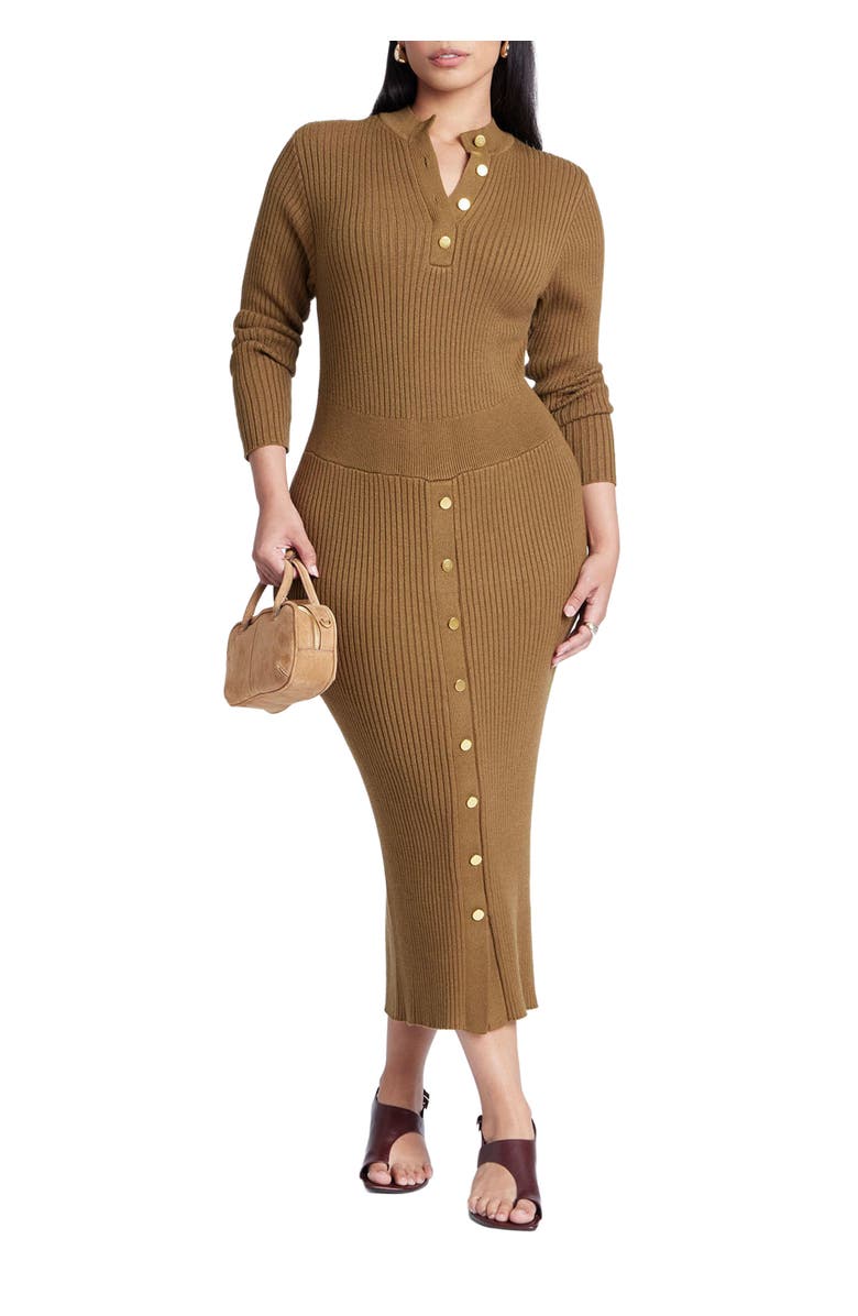 ELOQUII Mock Neck Rib Button Dress, Main, color, Moss