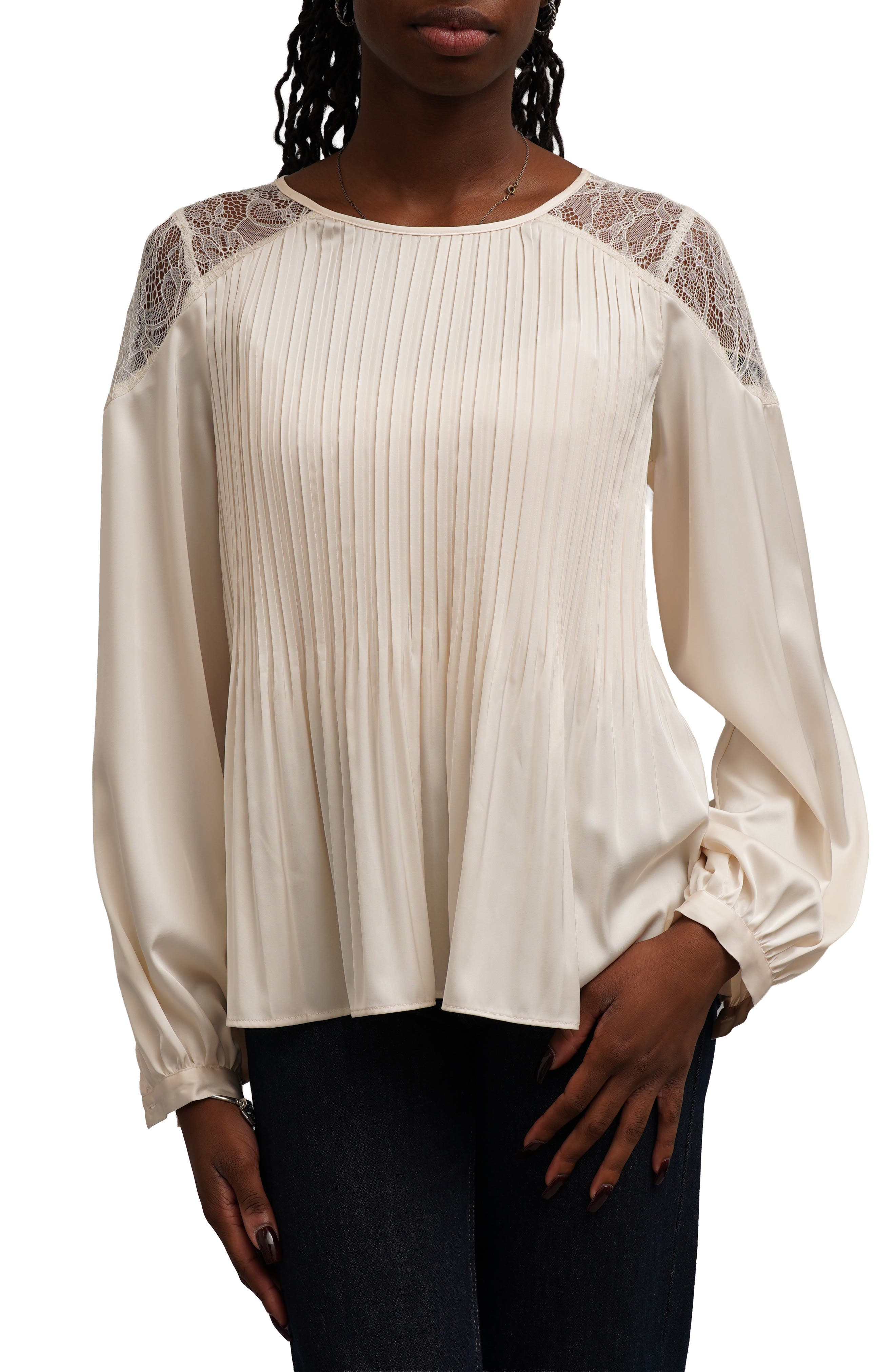 Lace Shoulder Pleated Top