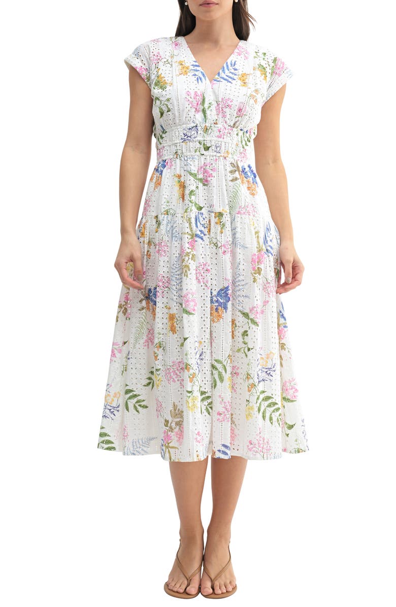 Mila Mae Eyelet A-Line Midi Dress, Main, color, White Multi Floral